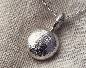 Diamond Silver Pebble Pendant, Handmade recycled silver and a salt and pepper diamond necklace, Jewellery gifts.