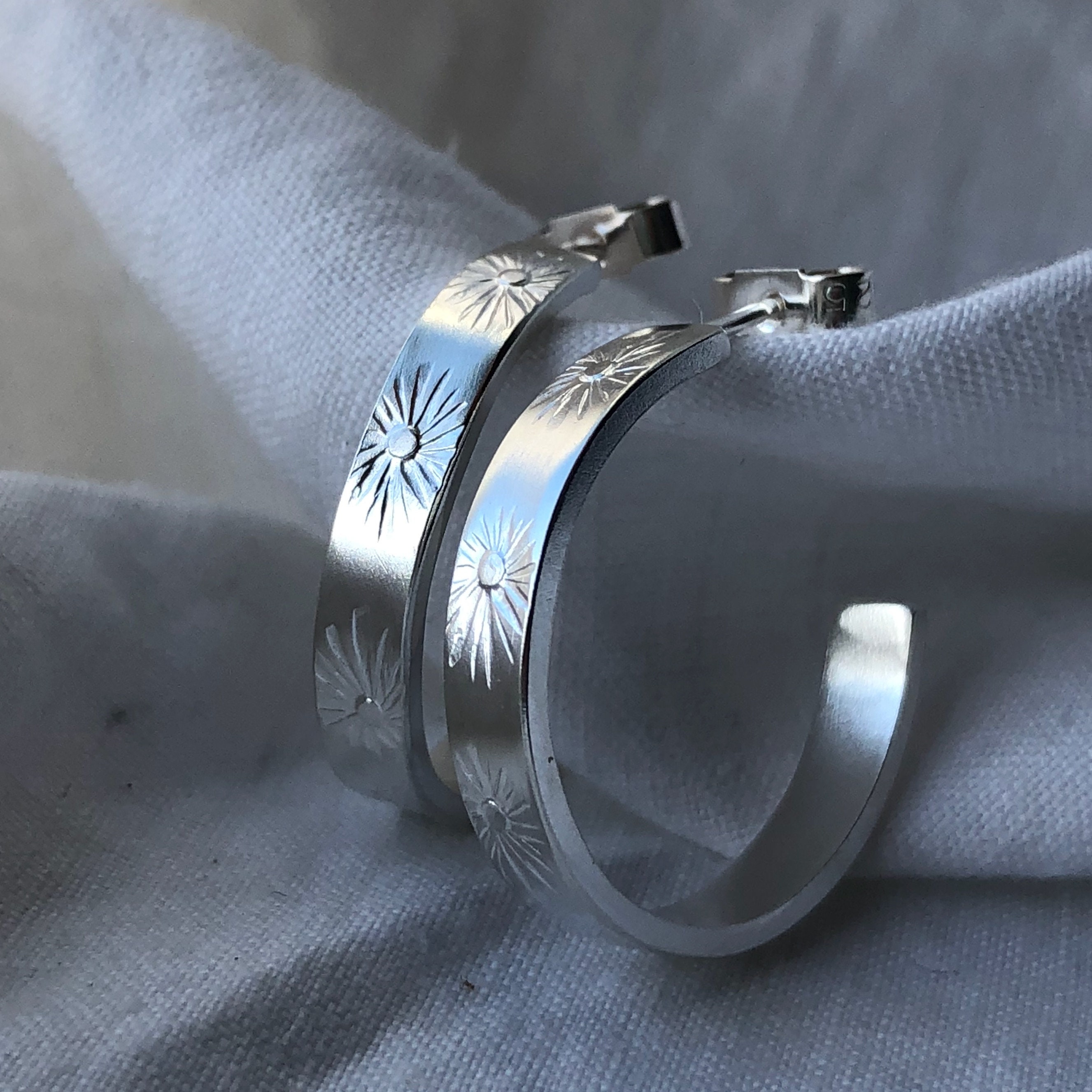 Sunbeam Silver Hoop Earrings With Delicate Embossed Detail L Celestial Hoops | Chunky Solid Handmade