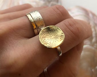 Sunbeam Statement Ring, Recycled Sterling Silver Adjustable Sun Motif Disc Ring  Handmade Jewellery
