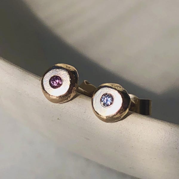 Recycled Gold Mismatched Stud Earrings: Pink Sapphire & Lab-Grown Diamond