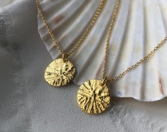 Gold or Silver Shell Textured Pendant, Shell medallion, handmade sustainable jewellery.