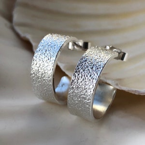 Chunky Recycled Sterling Silver Hoop Earrings: Textured Wide Hoops