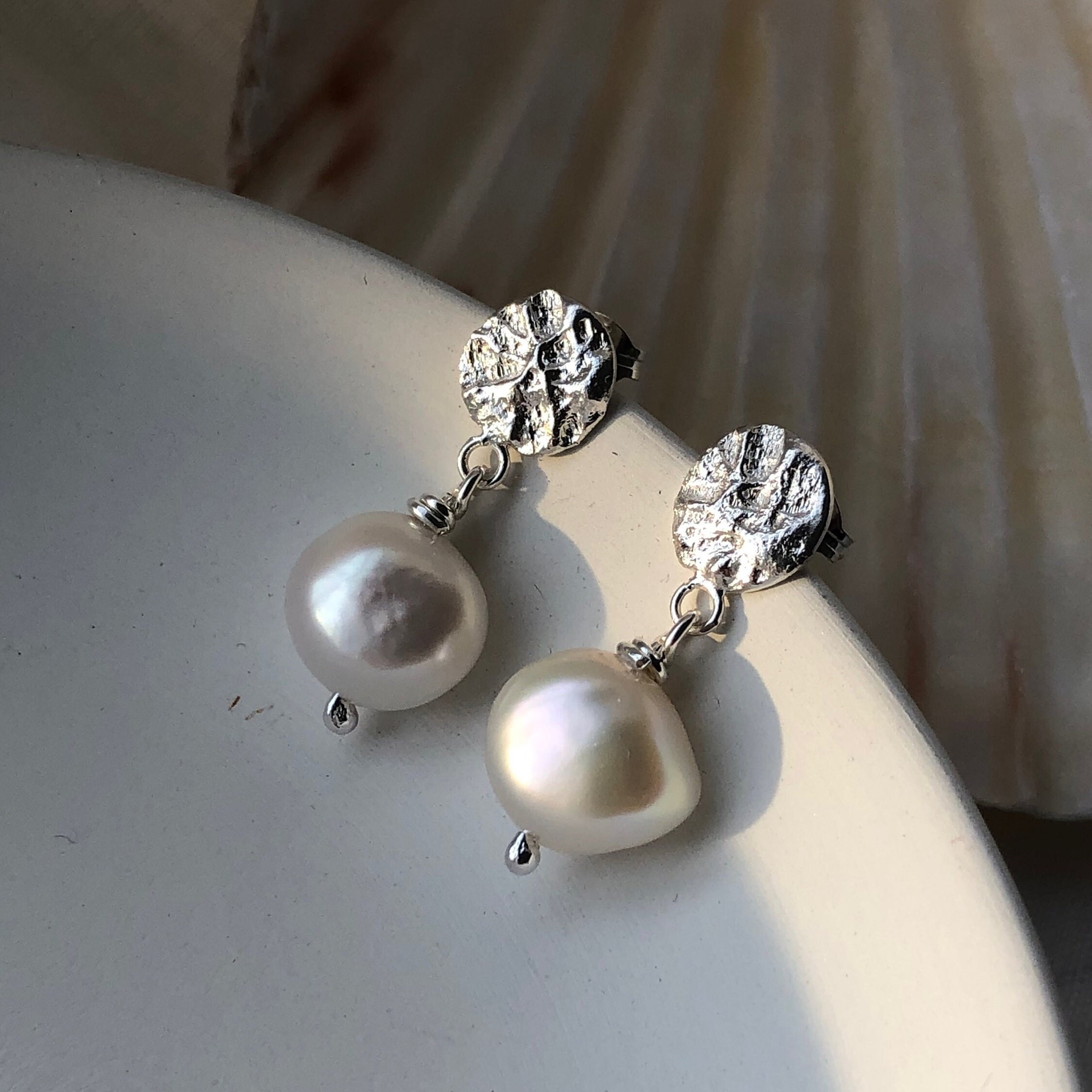 Silver Pearl Drop Earrings, Bridal Pearl Sea Inspired Handcrafted Sustainable Jewellery