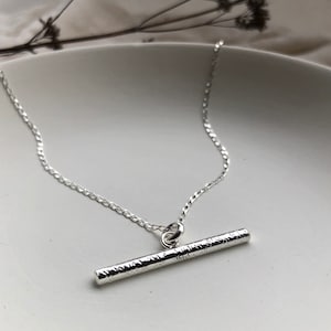 Recycled Sterling Silver T-Bar Necklace: Handmade Textured Pendant, Minimalist Jewellery Gift