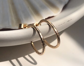 Recycled gold fine hoop earrings, 9ct gold sleepers, solid gold textured hoops, gifts for her.