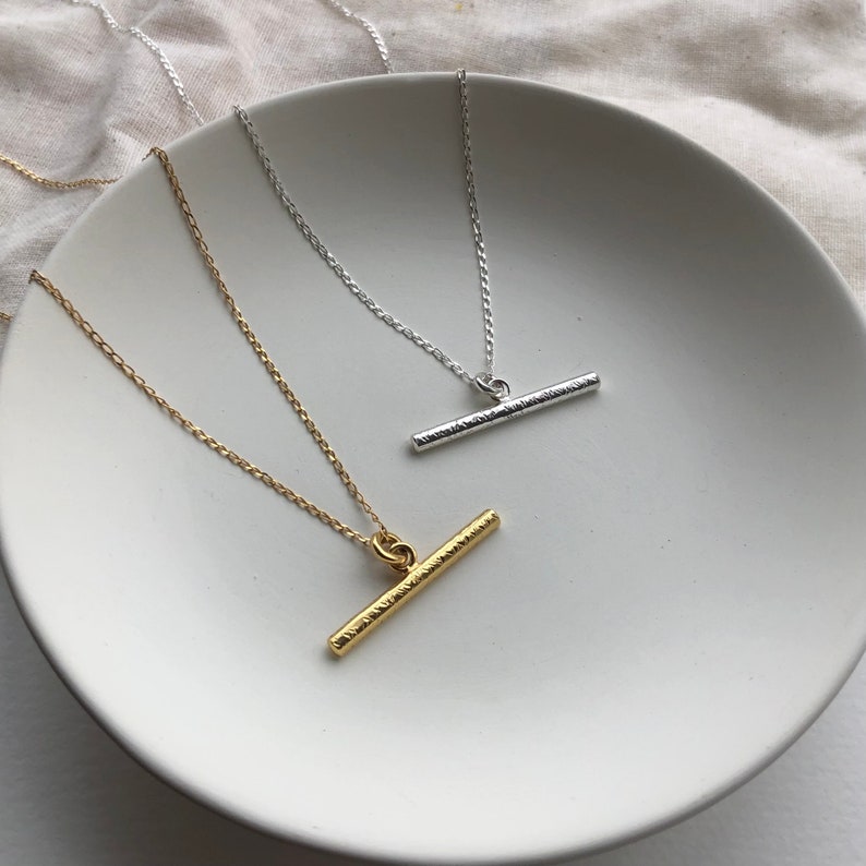 Gold Textured T Bar Necklace, Gold Vermeil bar pendant, Minimalist style necklace, Sustainable handmade jewellery, Mothers Day Gifts. image 6