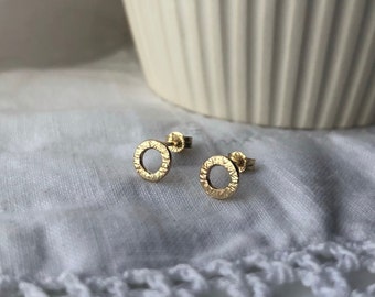 Recycled Gold textured circle stud earrings, solid gold earrings, delicate gold studs, sustainable hand made jewellery, gifts for her