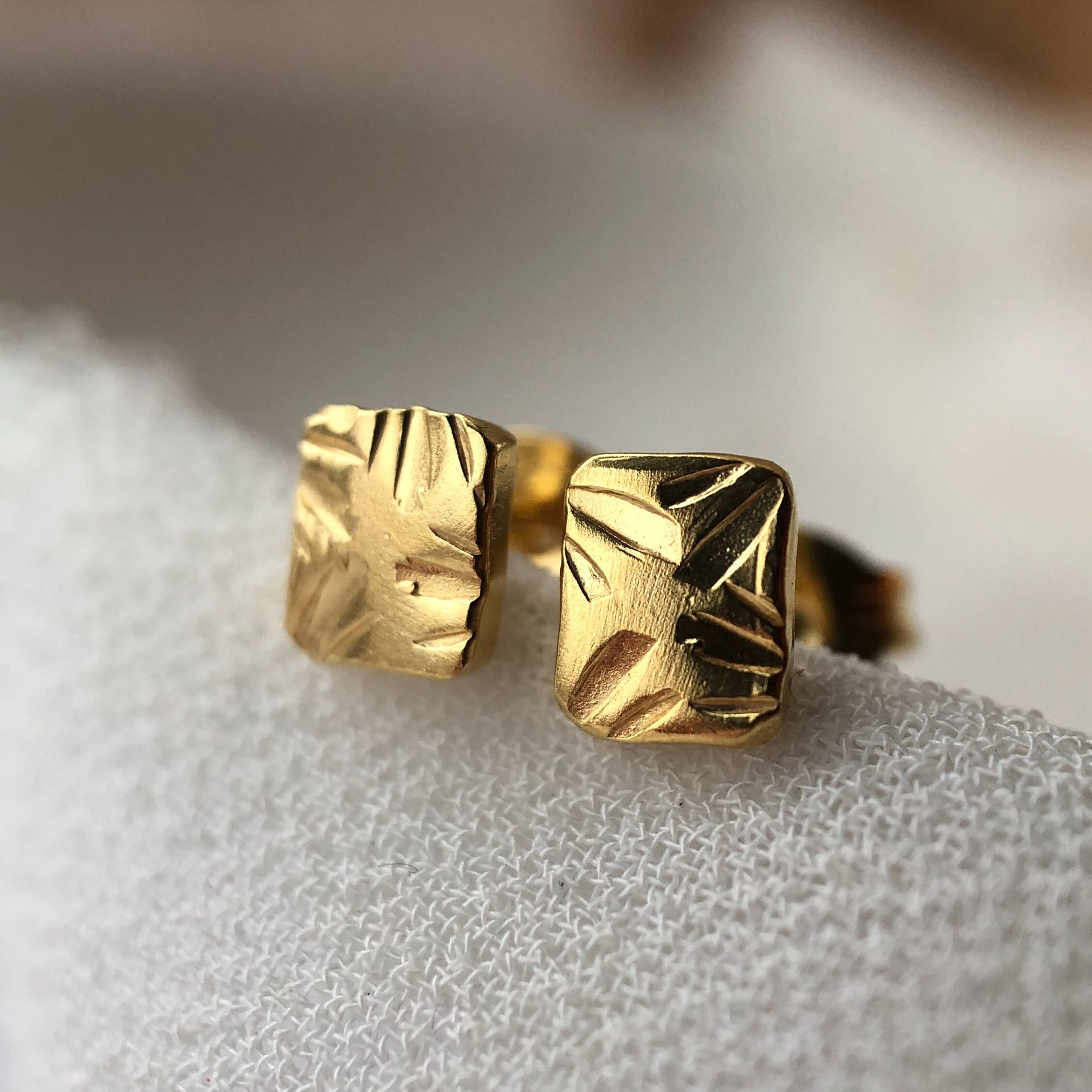 Gold Square Textured Studs - Handmade Delicate Everyday Earrings Sustainable Jewellery