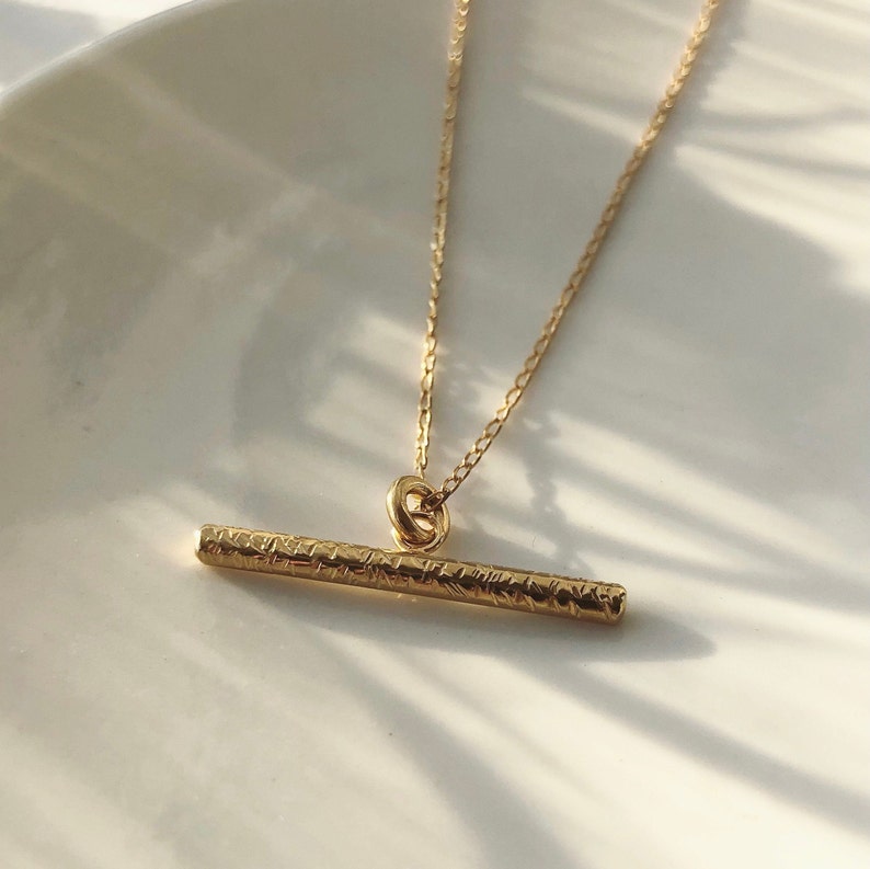 Gold Textured T Bar Necklace, Gold Vermeil bar pendant, Minimalist style necklace, Sustainable handmade jewellery, Mothers Day Gifts. image 3