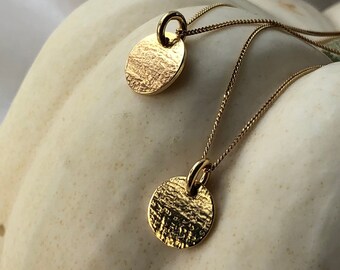 Gold Love Token Necklace, Small textured disc pendant , Minimal everyday necklace, Mothers Day Gifts.