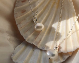 Pearl drop silver necklace, freshwater pearl pendant, pearl charm, bride necklace, gifts for her.