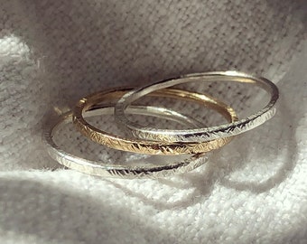 9ct Gold and Silver Stacking Ring set of 3, delicate textured rings made using recycled solid gold and silver