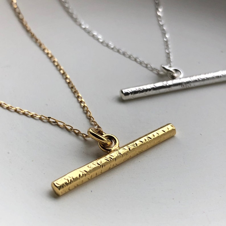 Gold Textured T Bar Necklace, Gold Vermeil bar pendant, Minimalist style necklace, Sustainable handmade jewellery, Mothers Day Gifts. image 9