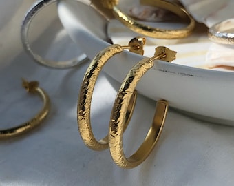 Gold Textured Hoop Earrings, Medium sized gold hoops, Gold vermeil everyday hoop earrings, handmade slow jewellery
