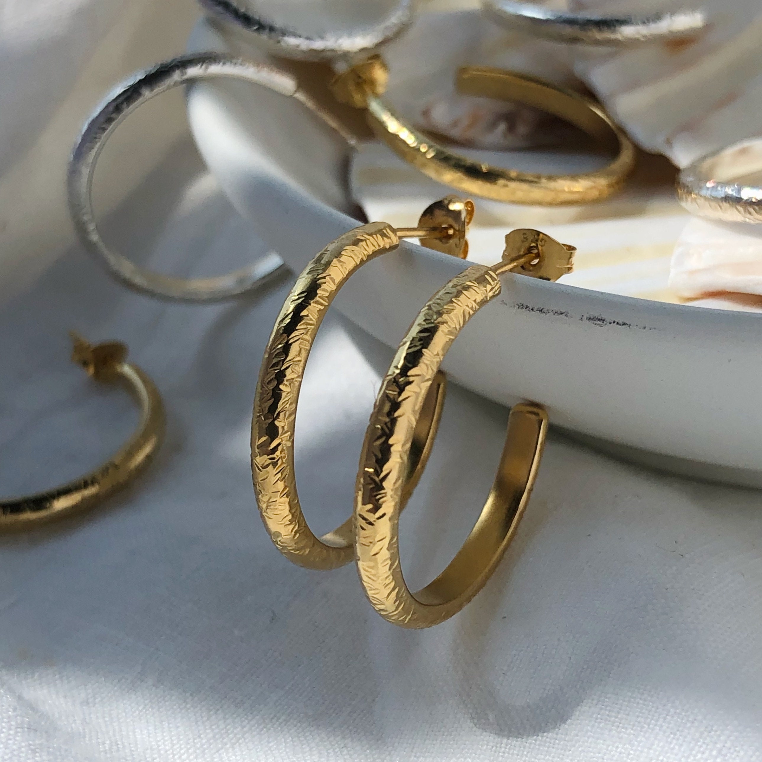 Gold Textured Hoop Earrings, Medium Sized Gold Hoops, Vermeil Everyday Hoop Earrings, Handmade Slow Jewellery