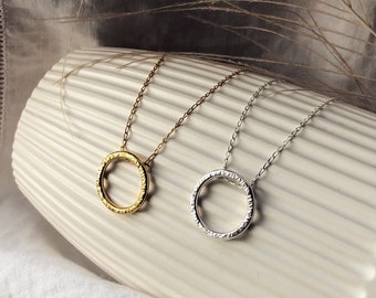 Textured Eternity Circle Necklace, Recycled silver and gold vermeil circle pendant, Sustainable handmade Jewellery, Mothers Day Gifts.