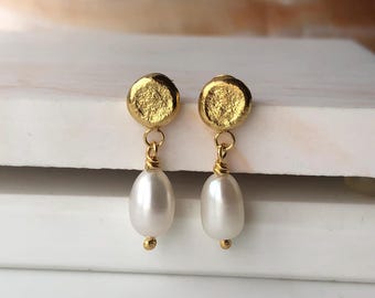 Pebble Pearl Drop Earrings - Organic Studs with Freshwater Pearls - Recycled Sterling Silver and Gold Vermeil