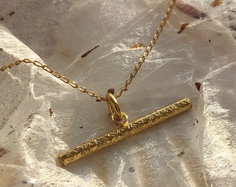Gold Vermeil T Bar Necklace, Textured Minimalist Pendant, Handcrafted Eco Friendly Jewellery