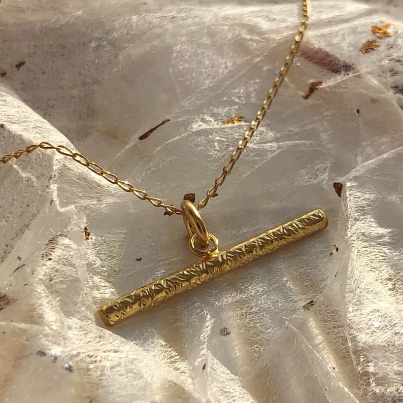 Gold Textured T Bar Necklace, Gold Vermeil bar pendant, Minimalist style necklace, Sustainable handmade jewellery, Mothers Day Gifts. image 1