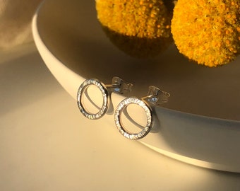 Recycled silver circle stud earrings, Sparkle circle stud, handmade sustainable jewellery, Mothers Day Gifts.