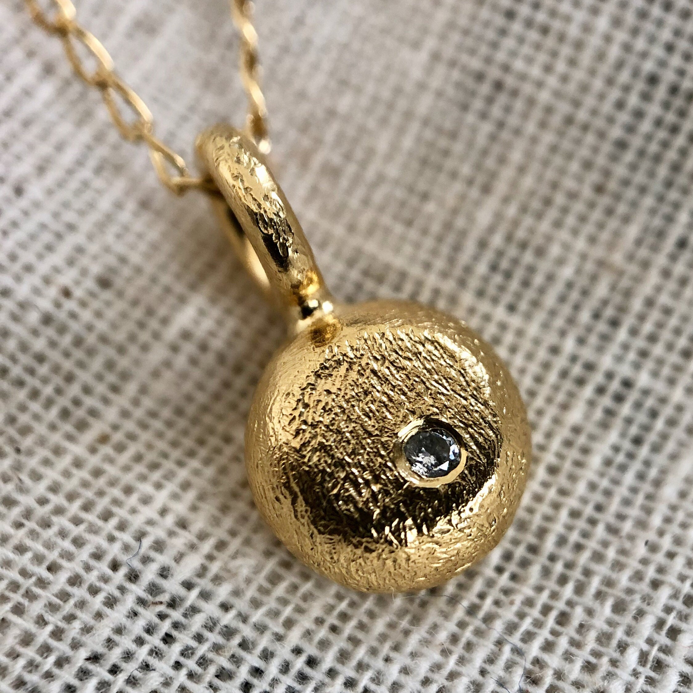 Gold & Diamond Textured Pebble Pendant - Handmade Salt Pepper Diamond Necklace Golden Nugget Pendant