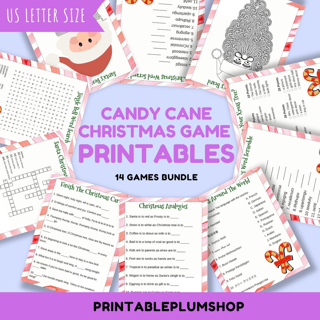 14 Printable Candy Cane Christmas Games Bundle, Office Christmas Party Games, Family Holiday 