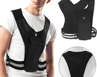AZ FITNESS Phone Holder Vest Reflective Strips, Lightweight Breathable & Adjustable for Men and Women -Running, Gym, Jogging etc - Black