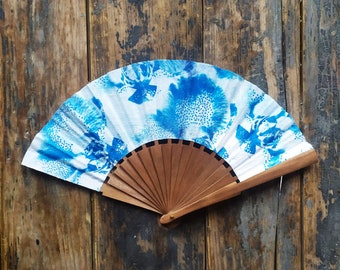 Fan with artisanal cyanotype orchid motif print