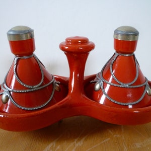 Vintage Moroccan Double Mini Tagine, Red Ceramic with Nickel Silver Trim