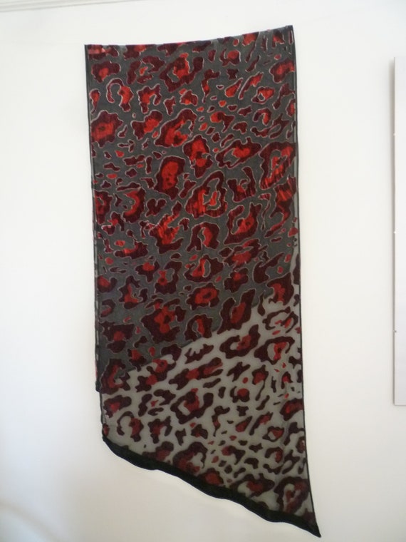 Vintage Red and Black Burnt Out Devore Shawl Scar… - image 3