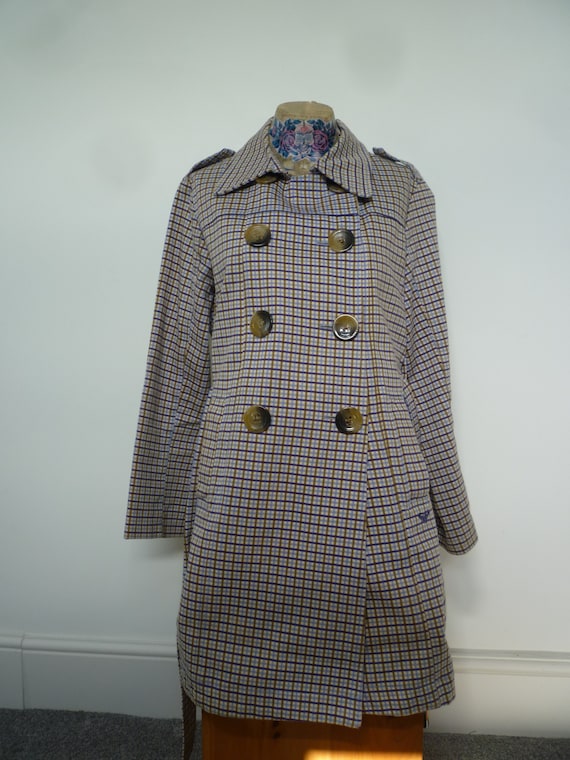 Vintage Roxy Plaid Trench Coat Mac Coat Brown Blue and Cream Size Medium  Greek Mouth Stormy Grey Made in Paris