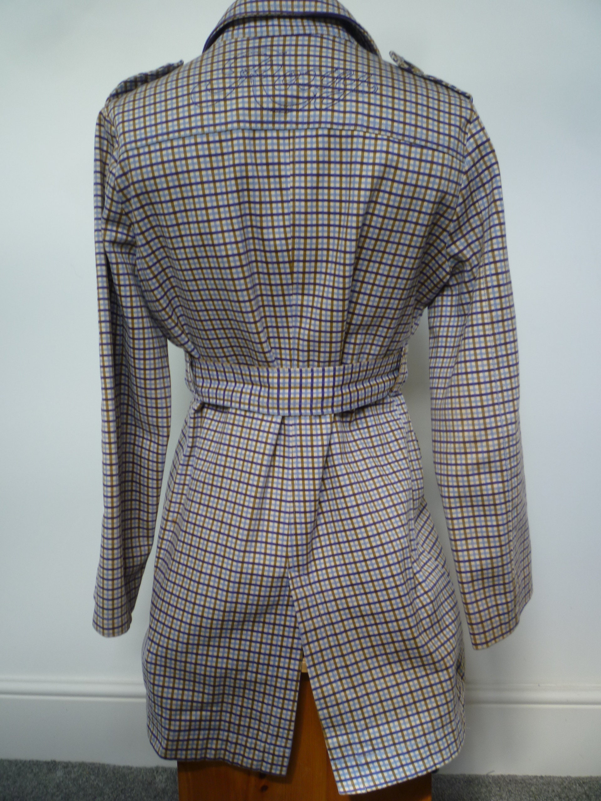 Vintage Roxy Plaid Trench Coat Mac Coat Brown Blue and Cream