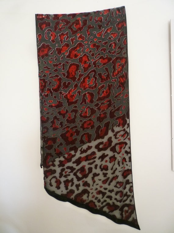 Vintage Red and Black Burnt Out Devore Shawl Scar… - image 8