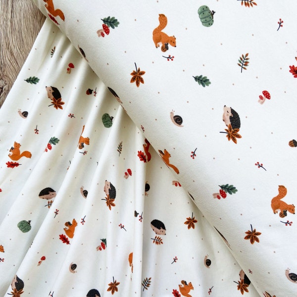 100% Cotton Jersey Knit, Autumn Woodland Animals, Cream Neutral Autumnal Baby Stretch Fabric, Original Design, Great For Rompers
