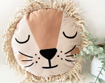 Lion Face, Circular Decorative Nursery Cushion, Neutral Colours, Soft Velvet, 25 x 25cm, Designed and Handmade