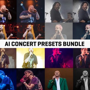 Könnte beinhalten: Eine Collage aus 12 Bildern, die verschiedene Sänger zeigen, die auf der Bühne auftreten. Die Bilder sind in einem Raster von 4 Reihen und 3 Spalten angeordnet. Die Sänger tragen alle verschiedene Outfits und singen in Mikrofone. Die Bilder sind alle farbig und gut beleuchtet. Der Text "AI CONCERT PRESETS BUNDLE" wird in der Mitte der Collage angezeigt.