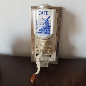 Antique wall coffee grinder with hand crank | Ceramic, Metal & Wood | Working | 2.1kg (4.6lbs) | France 1950s | See details product