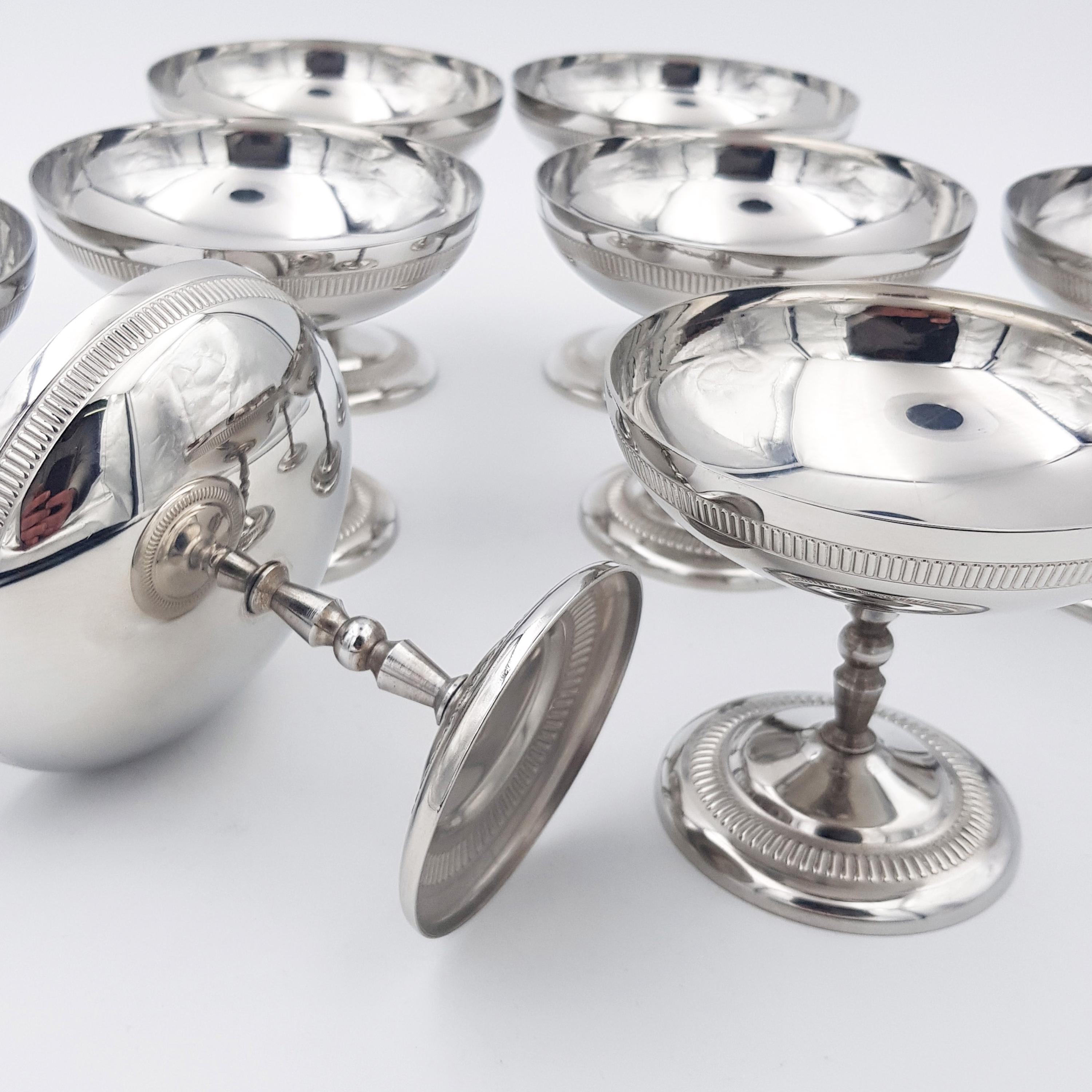 6x10cl (4oz) Vintage Ice cream cups Dessert bowls Champagne cups | Jean Couzon France, "Ambassador" collection, 1970/80s | Stainless Steel