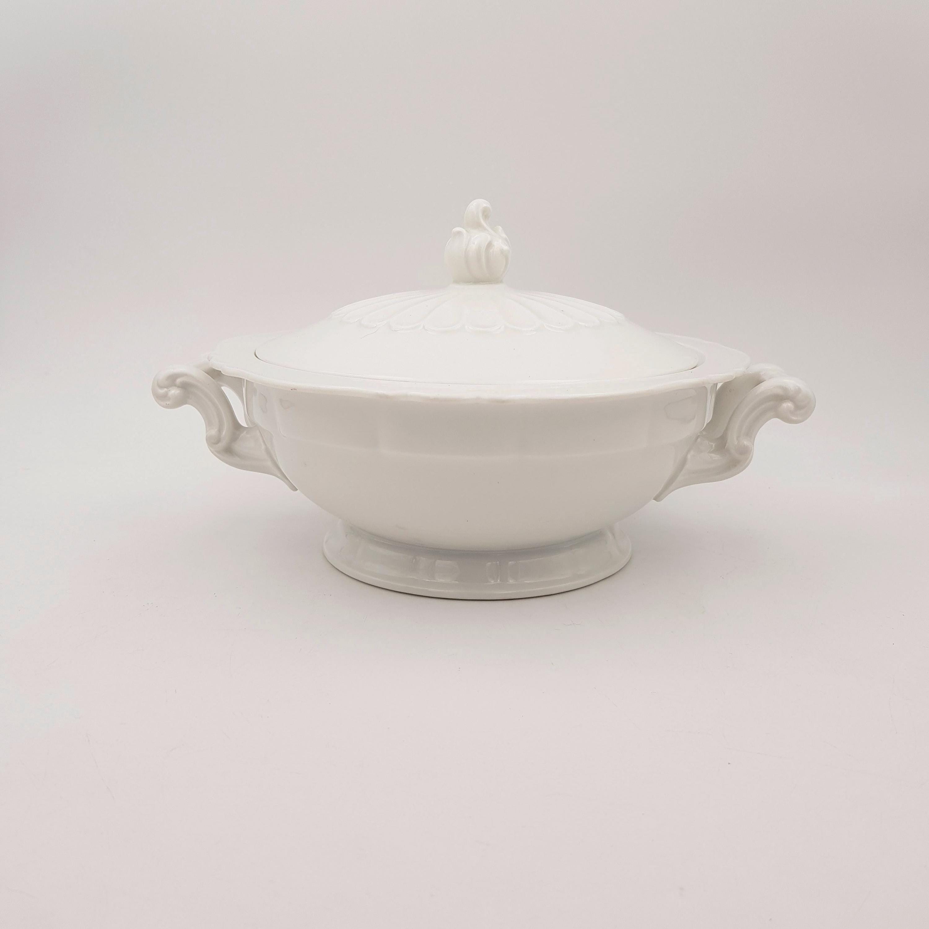 Coperchio con Doppio Manico Zuppiera in Ceramica Bianca