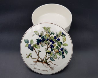 Może przedstawiać: Okrągły biały ceramiczny pojemnik z pokrywką, ozdobiony na wierzchu botaniczną ilustracją borówki czarnej Vaccinium myrtillus z zielonymi liśćmi i ciemnoniebieskimi owocami, wykończony cienką brązową obwódką wokół krawędzi pokrywki.