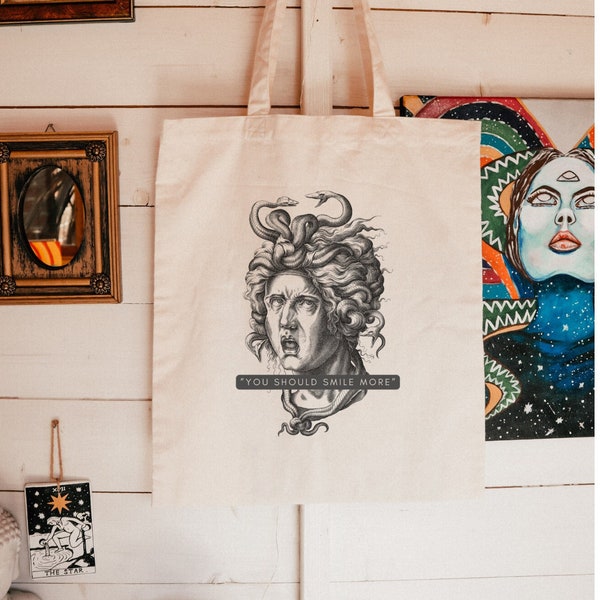 You Should Smile More Tote, Medusa Tote, Feminist Canvas Bag, Eco-Friendly Gifts, Cryptid Gift, Folklore Tote