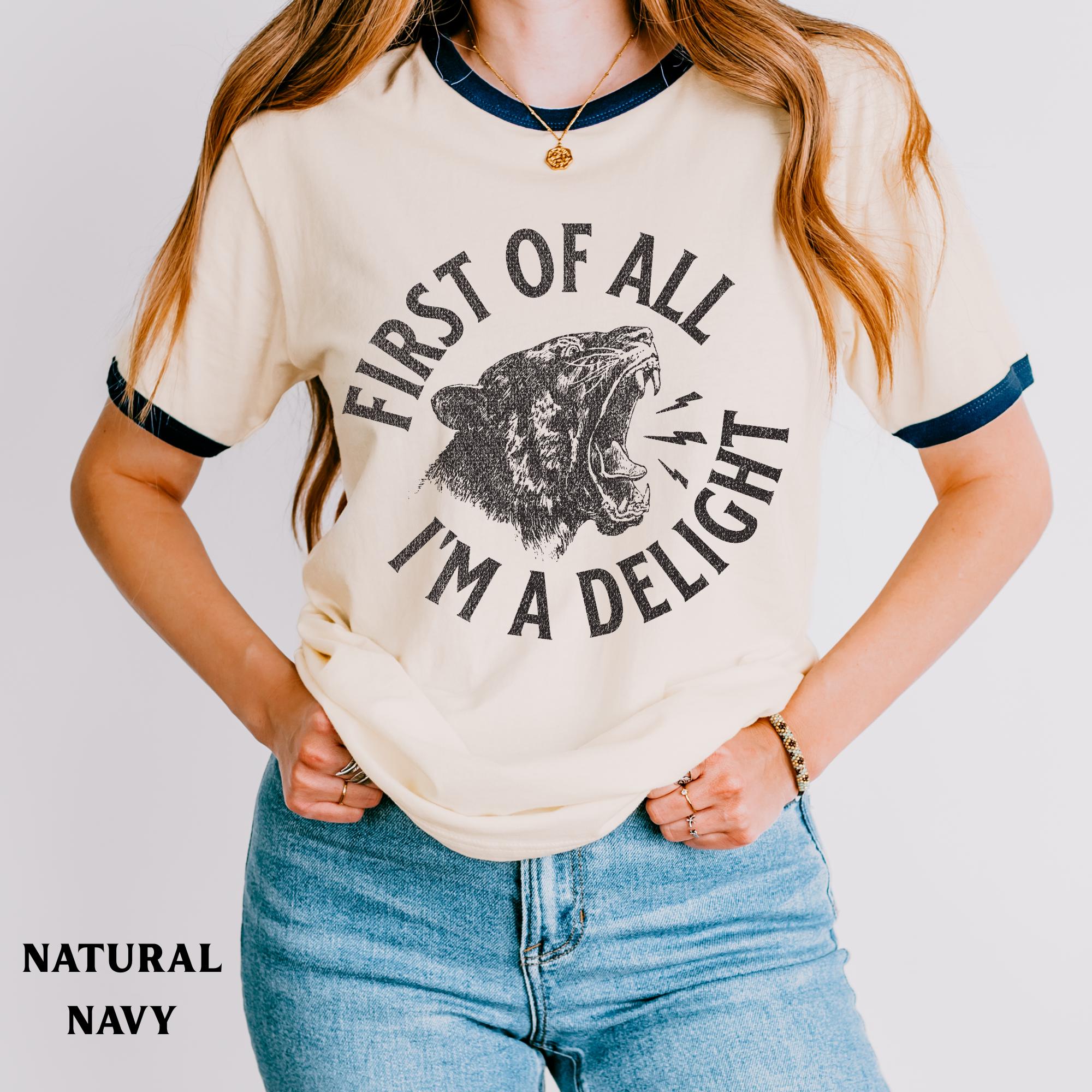 Camiseta "Primero que nada, soy un deleite", camiseta de béisbol "Desquiciado", camiseta de humor divertido, camiseta divertida para chicas, camiseta de sarcasmo para mujeres, camiseta anarquista