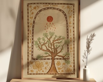 May include: A framed illustration of a tree with a red sun above it, surrounded by a decorative border of stars and clover motifs. The sun is dripping red liquid, and the tree has a thick trunk and many branches. The illustration is on a beige background and has a vintage aesthetic.