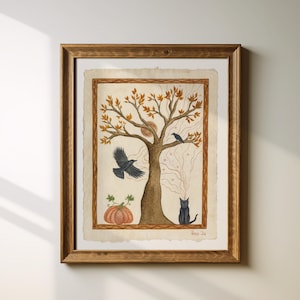 Halloween Folk Art, Black Cat Painting, Crows, Raven, Fall Moon, Autumn Wall Decor, Ancient Tree, Earthy Colors, Antique Vintage Halloween