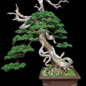 May include: A handcrafted bonsai tree sculpture with a twisted silver wire trunk and branches, topped with vibrant green foliage. The tree sits in a brown ceramic pot, set against a black background. A unique piece of art.