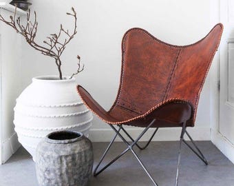 Vintage Leather Butterfly Chair: Handmade BKF Accent Lounge for Living Room, Patio & Outdoor Relaxation