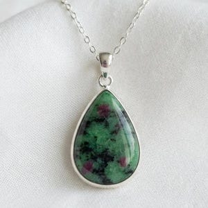 Natural Ruby Zoisite Pear Pendant | Handmade Sterling Silver Bezel Setting Charm.