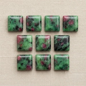 May include: Ten square-shaped zoisite gemstones arranged in three rows. Each stone features a polished surface with a mottled pattern of vibrant green zoisite, deep red ruby inclusions, and dark black hornblende mineral patches throughout.