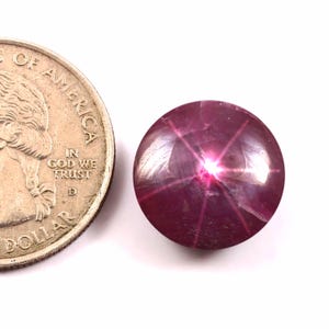 May include: A polished, round, star ruby gemstone with a six-rayed star pattern. The ruby is a deep, rich red colour. A quarter coin is next to the ruby for size comparison.