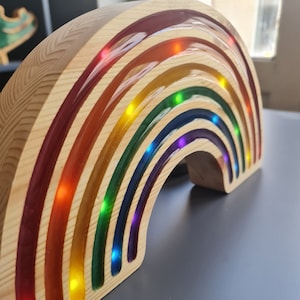 Colorful Rainbow LED Night Light for Kids' Room Decor - Handcrafted Epoxy Resin & Pine Wood Lamp